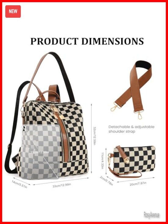 Checkered Canvas PU Backpack Purse for Women Plaid Travel Daypack Laptop Bag main image 5